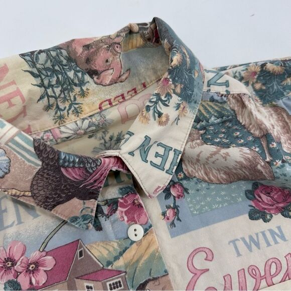 Vintage Farm Print Button Up Shirt Tan Pink Cottagecore Women’s Size Large - Picture 5 of 8